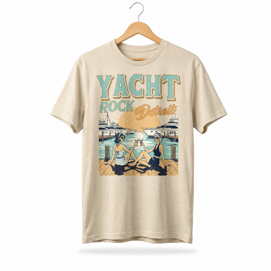 Yacht Rock Detroit Dock Toast Tee — Retro Sunset Graphic